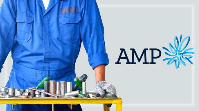 mechanic in front of trolley of tools and amp logo